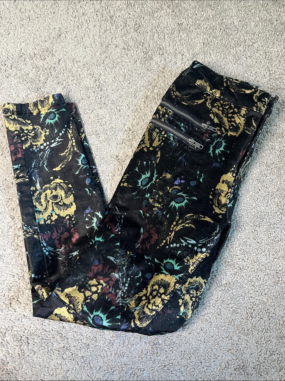 Free People Black Velvet Dark Floral Print Jeans Size 10 Whimsigoth Goth